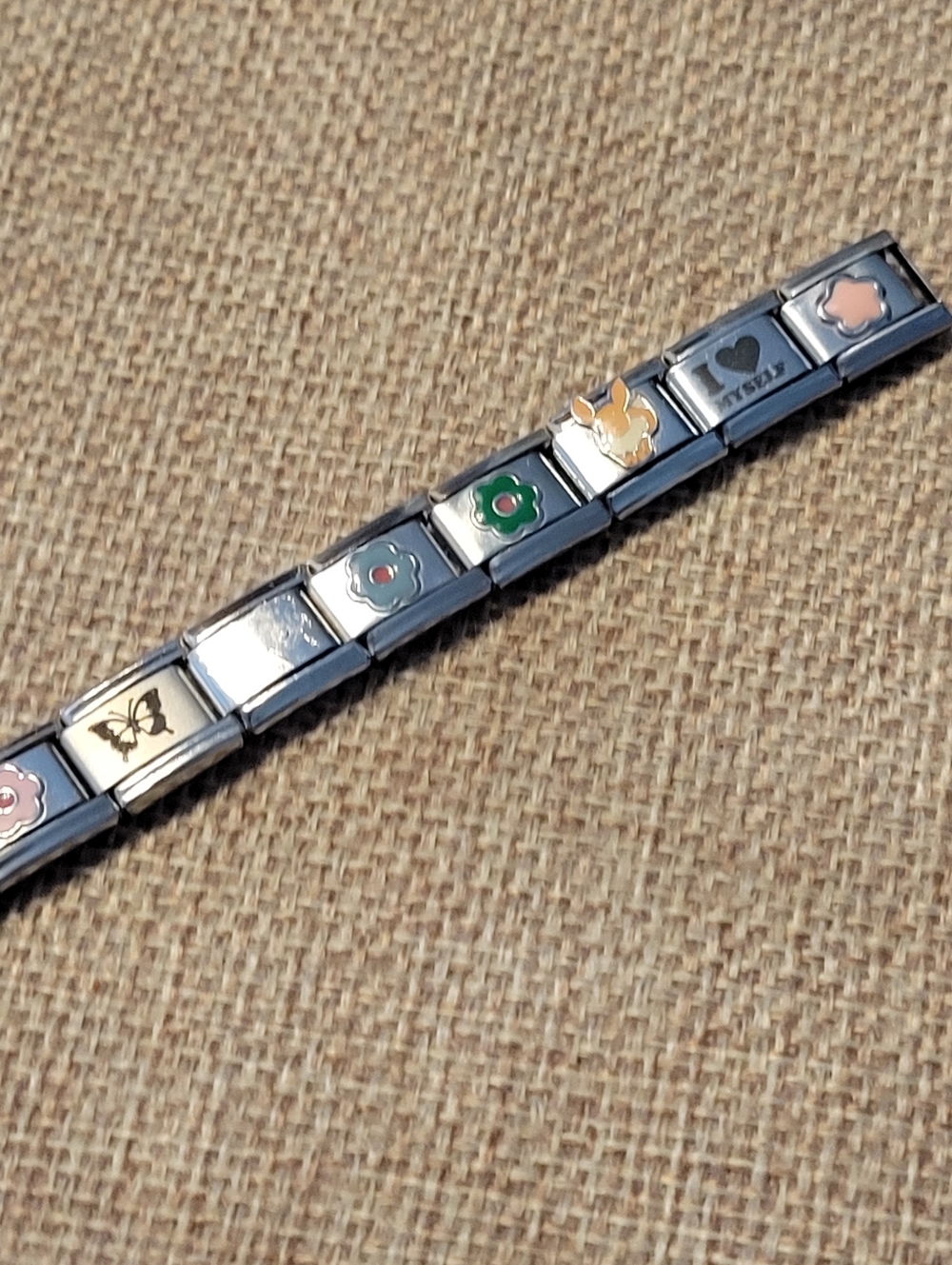 Stainless Steel Charm Link Bracelet with Multicolor Flower and Butterfly Accents